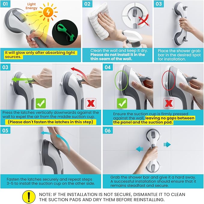 TAILI Shower Grab Bar Glow in The Dark, 2 Pack 12.2 in Grab Bars for Bathtubs and Showers,Shower Handles Shower Rails for Seniors and Elderly,Bathroom Safety Grip Removable No Drilling Waterproof Grey