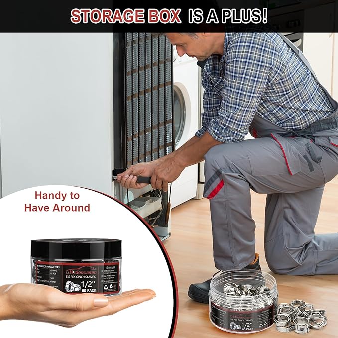 60 Pack 1/2 Inch PEX Cinch Clamps, Premium 304 Stainless Steel Cinch Crimp Rings, Cinch Clamps Rings with Storage Case for PEX Tubing Pipe Fitting Connections By Hydencamm(1/2"x60)