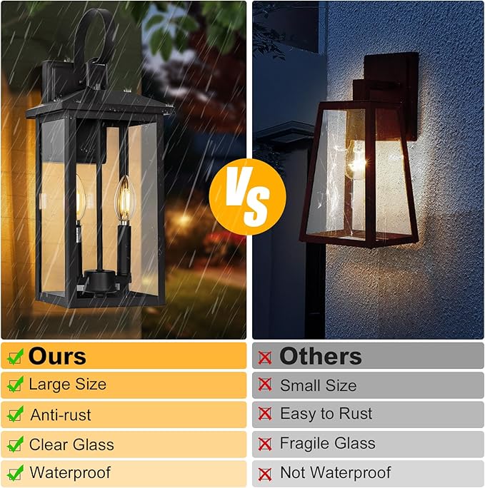 18" Large Black Outdoor Wall Light Fixture, 2-Light Waterproof ETL Listed Outdoor Wall Lamp with Clear Glass, E12 Socket, Aluminum Outside Garage Light Lantern for House, Porch, Patio, Garage