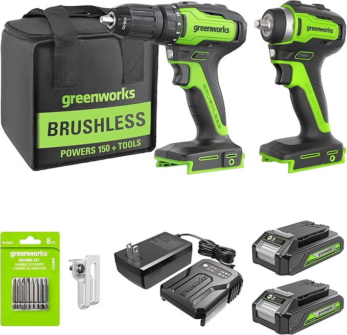 Greenworks 24V Brushless 2 pcs Cordless Power Tool Combo Kit, 3/8" 150 ft.-lbs Impact Wrench with 310 in./lbs Drill/Driver, 2 2.0Ah Battery and Charger