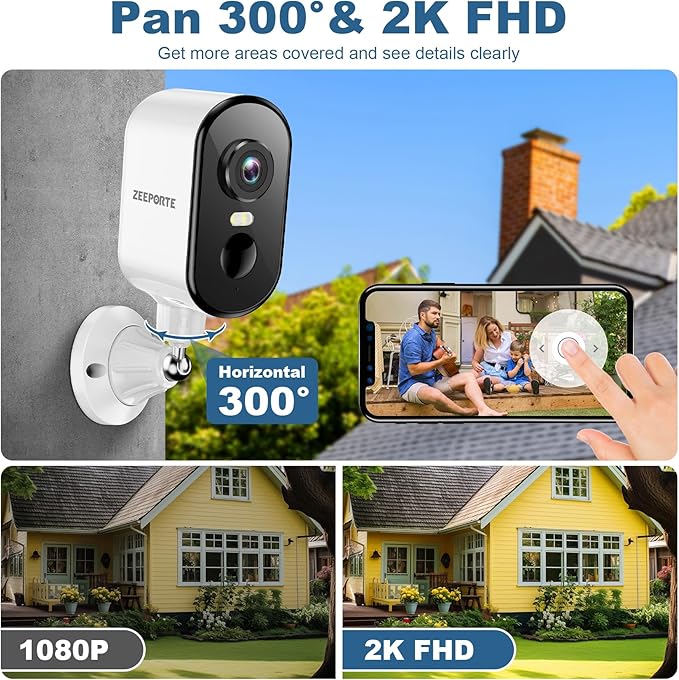 2K Security Cameras Wireless Outdoor, Pan Rotating 360° Battery Powered WiFi Camera with AI Motion Detection, Color Night Vision, Spotlight, Siren, 2-Way Talk, Waterproof, SD/Cloud Storage