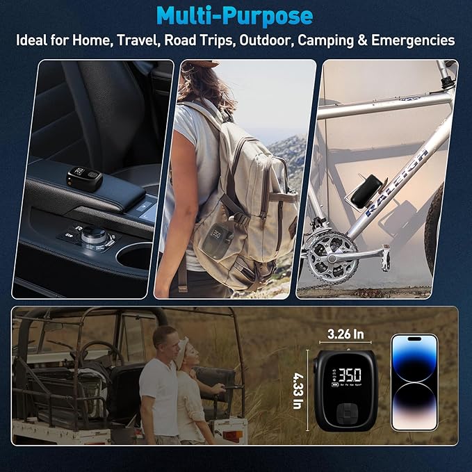 Tire Inflator Portable Air Compressor – Fast Inflation, Auto Shut-Off & LED Display | High-Power Air Pump for Car, Motorcycle & Bike Tires, USB Rechargeable & Compact Design, Gifts for Men