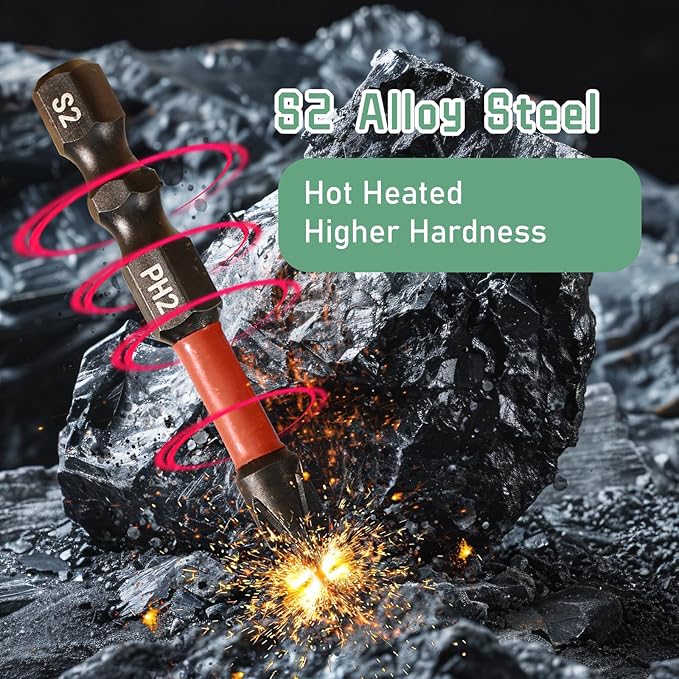 Impact #2 Phillips Screwdriver Bit Set, 10 Pieces 2” S2 Steel Magnetic PH2 Tips Driver Power Bit Set with Organizer Case