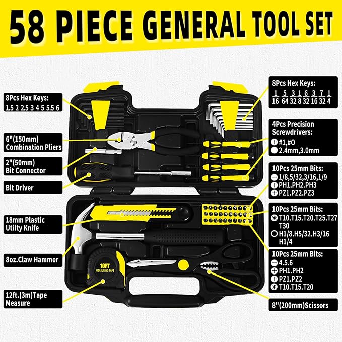 58-Piece Tool Kit Basic Home Repair Tool Set, General Household Hand Tool Kit,Small Tool Kit with Plastic Toolbox Mini Tool kit for Women, Office & College Repairs Yellow