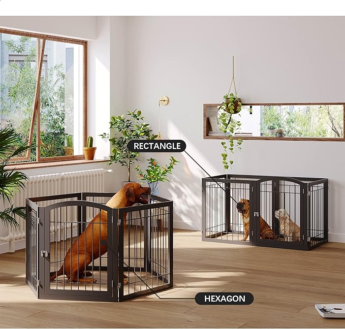 JSB 144-inch Extra Wide 30-inch Tall Dog gate with Door Walk Through, Freestanding Pet Gate for Halls, Stairs & Home, Pet Puppy Safety Dog Fence with 2PCS Support Feet (Black)