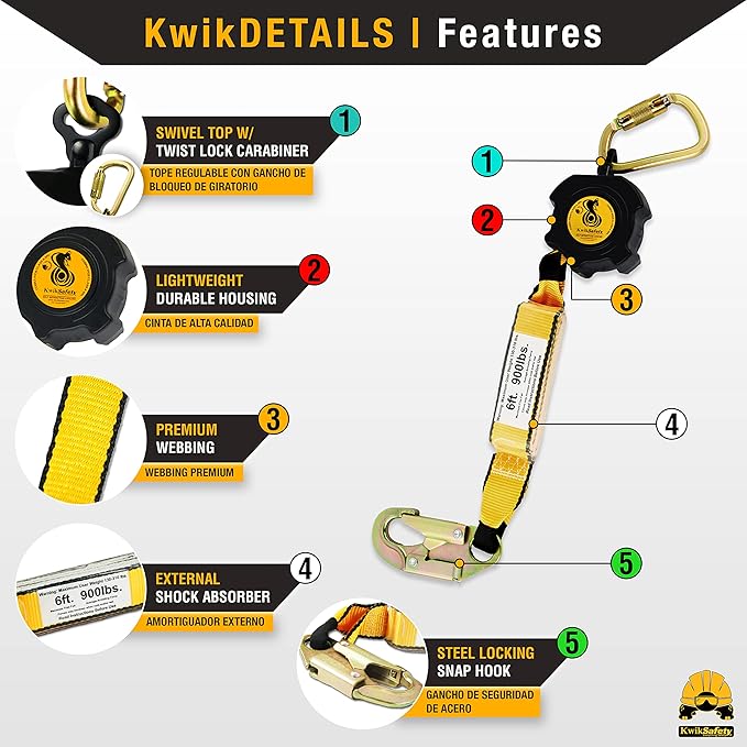 KwikSafety - 6' Cobra Web Self-Retracting Lifeline [Combo] Class 1 Retractable Safety Lanyard SRL ANSI OSHA Fall Gear