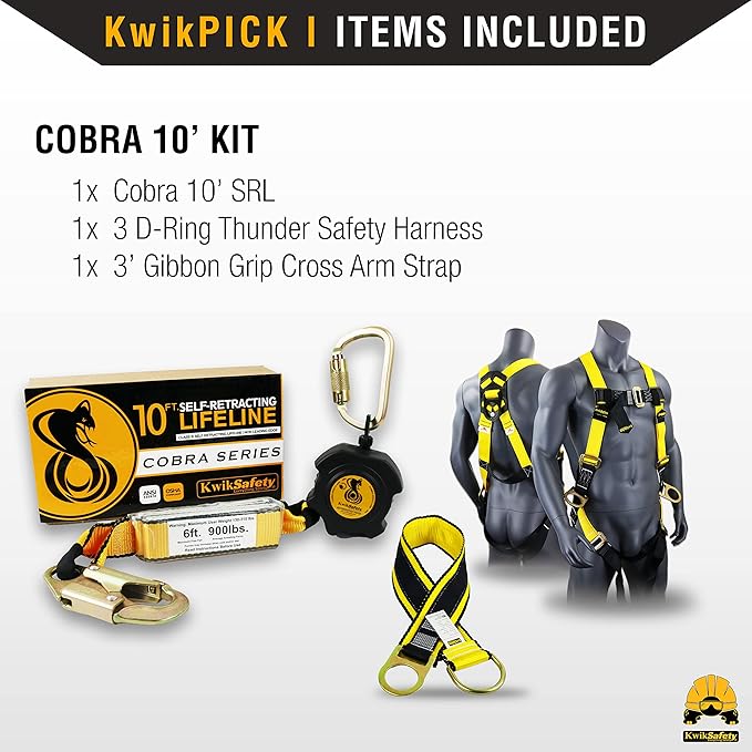 KwikSafety - 10' Cobra Web Self-Retracting Lifeline [KIT] Class 1 Retractable Safety Lanyard SRL ANSI OSHA Fall Gear