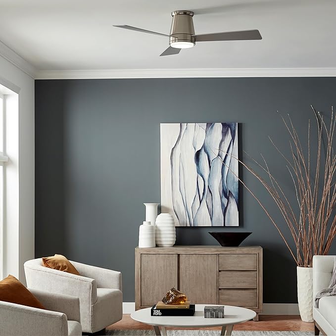 WAC Smart Fans Hug Indoor and Outdoor 3-Blade Flush Mount Smart Home Ceiling Fan 44in Matte White with 3000K LED Light Kit and Remote Control works with Alexa and iOS or Android App