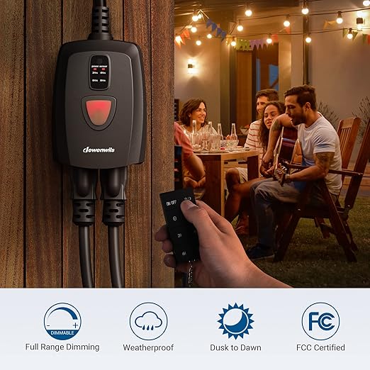 DEWENWILS Dusk to Dawn Dimmer, Outdoor Dimmer for String Light with Remote Dimmer Switch, 100 FT Wireless Remote Control Dimming Timer for Led Light or Lamp Patio Lights, FCC Certified