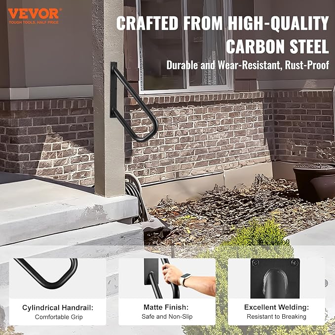 VEVOR Handrails for Outdoor Steps, 18.9" Length 1.3"Pipe Wall Mount Safety Railings for 1-2 Steps, Stair Handrail with Matte Black Finished,for Garden,Yard and Garage & Elderly,Pregnant Women, Disable