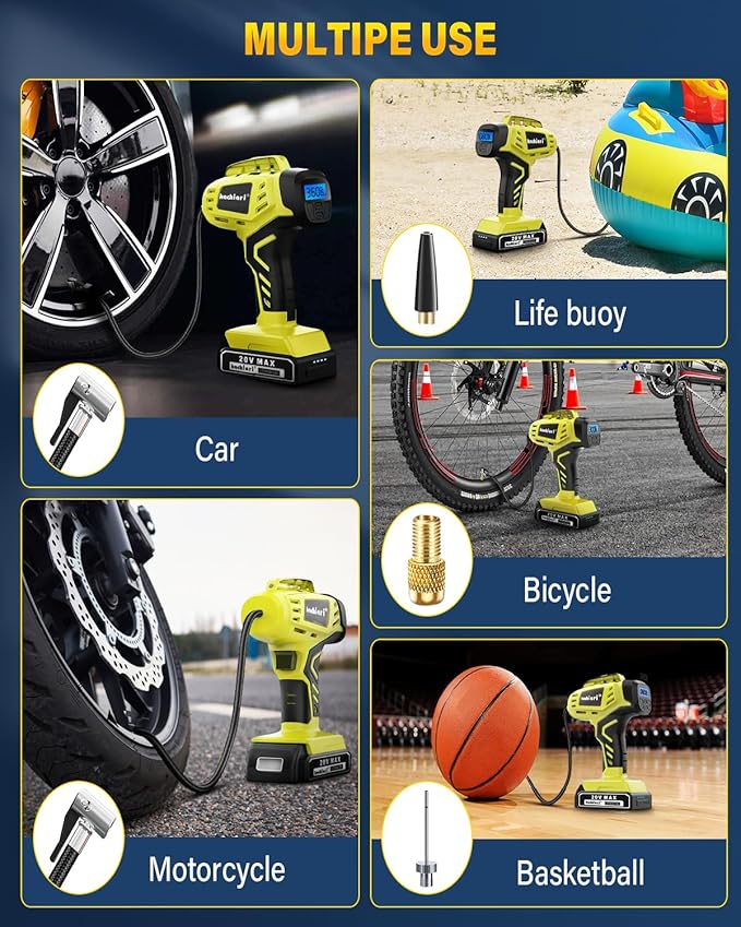 Tire Inflator Portable Air Compressor, 160PSI 20V Cordless Car Tire Pump, Rechargeable Battery Powered Air Compressor w/12V DC Adapter YELLOW-GREEN