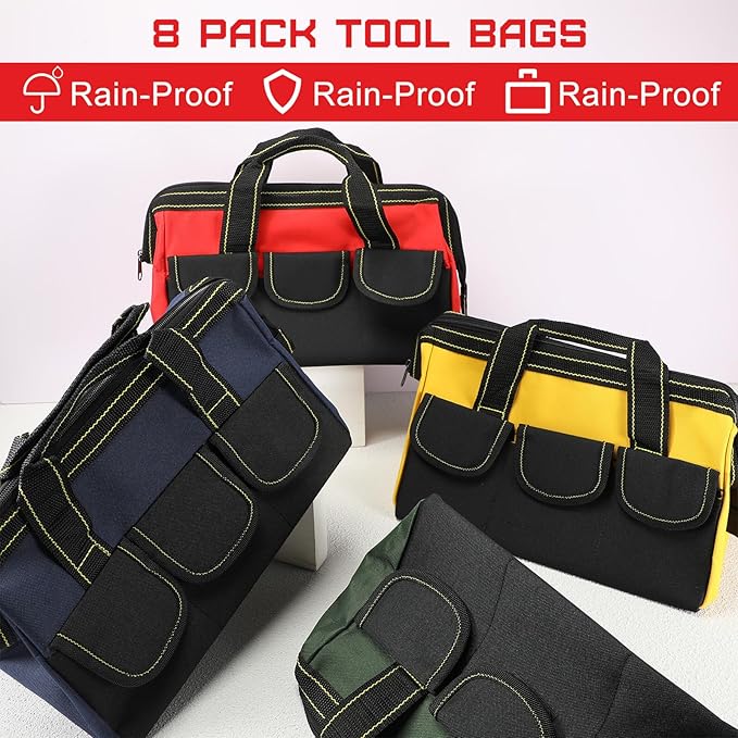 Silkfly 8 Pcs Tool Bags for Men Heavy Duty with Waterproof Hard Bottom Wide Mouth Large Tool Tote Bag Multi Pockets Organizer Tools Kit for Electrician Carpenter Mechanic Dad Gifts(13 Inch)