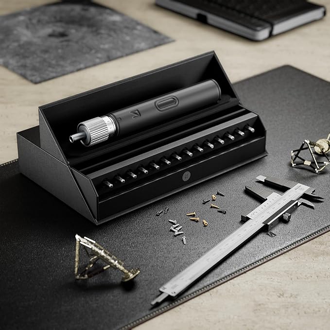Lunar Artefacts Precision Electric Cordless Rechargeable Black Leather and CNC Aluminum Screwdriver with 24 Magnetics Bits and Easy Storage Toolbox