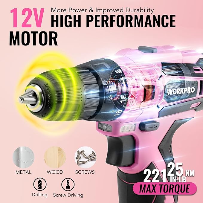 WORKPRO Pink Tool Set with Power Drill, 108PCS Portable Ladies Pink Drill Kit for Home with Toolbox and Pink Hammer, 1.5 Ah Cordless Drills with Keyless Chuck and Variable Speed Trigger - Pink Ribbon