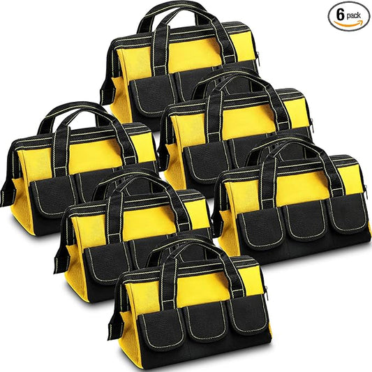 Silkfly 6 Pcs Tool Bag for Men Women Heavy Duty Tool Tote with Waterproof Hard Bottom Multi Pockets Large Mouth Organizer for Various Worker Electrician Carpenter Mechanic(Yellow,13 Inch)