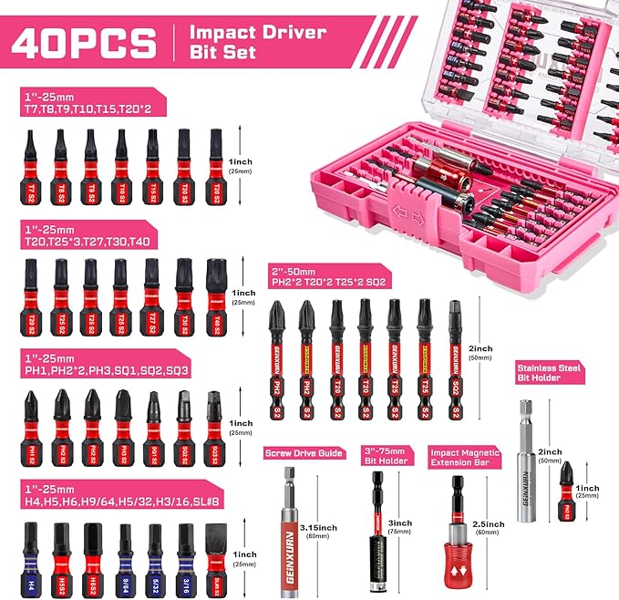 40Pieces Impact Screwdriver Bits Set, Magnetic S2 Steel Phillips/Slotted/Square/Torx Insert Power Bits Tips, Impact Bit Holder with Pink Storage Box Case
