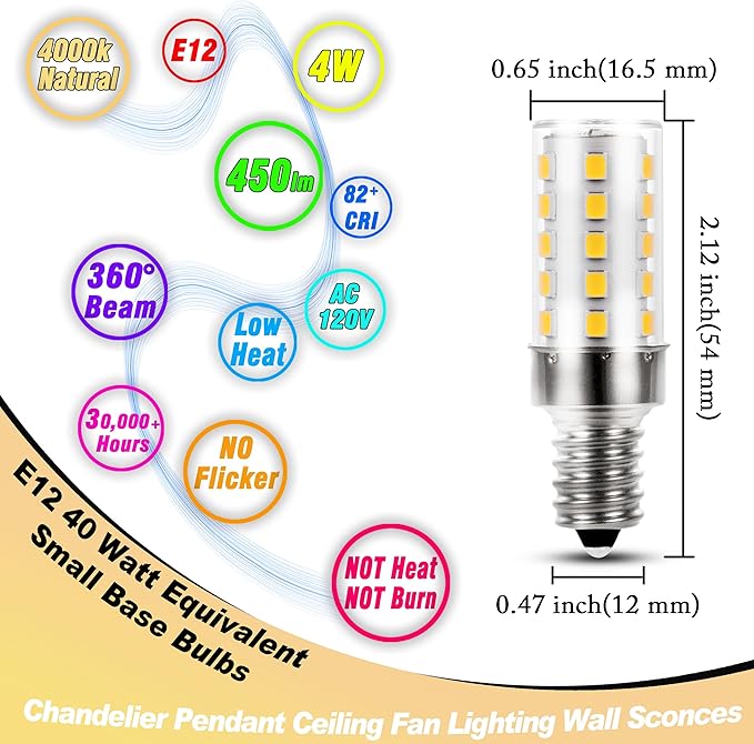E12 T6 C7 40 Watt Equivalent LED Bulbs 4000K Natural White 450lm 4W 120Volt E12 Small Base LED Candelabra Bulb for Ceiling Fan Pendant Chandelier Lighting Wall Sconces, Non-Dimmable, 4 Pack