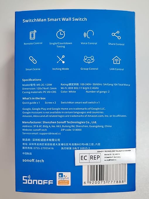 SONOFF Matter Smart Light Switch, 2.4GHz WiFi Light Switch, Neutral Wire Required Smart Switches for Lights, Interruptor Inteligente Compatible with Alexa and Google Home, 2 Gang M5-2C-120W