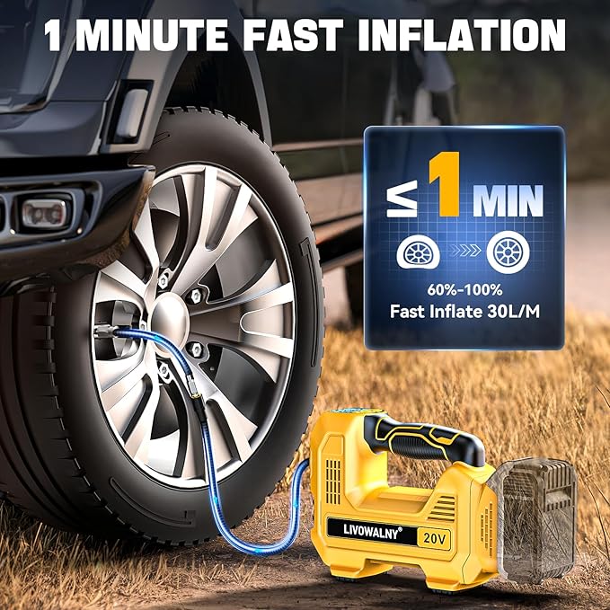Cordless Tire Inflator Air Compressor Compatible With Dewalt 20V Max Battery, LIVOWALNY Portable Handheld Air Pump with Digital Pressure Gauge for Cars Motorcycles Bikes Sport Balls (No Battery)