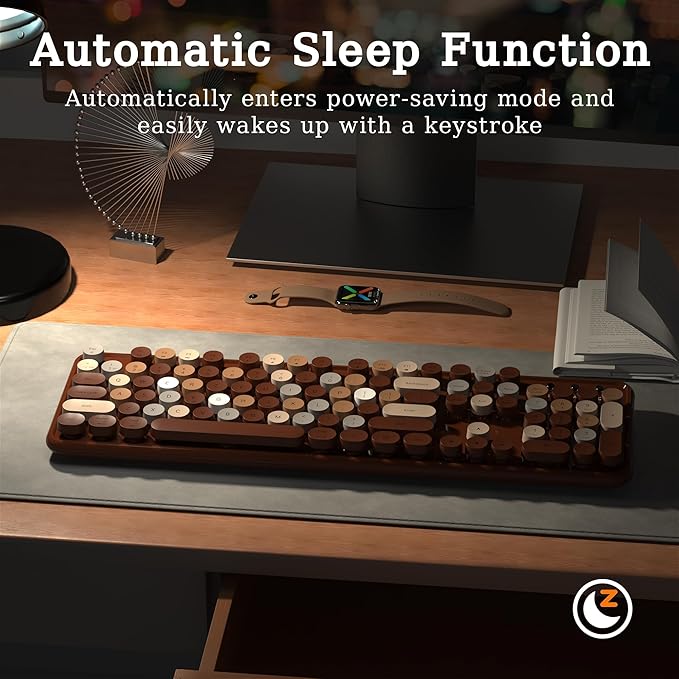 Wireless Bluetooth Keyboard, Retro Typewriter Style Keyboard, Full-Size with Round Keycaps, 2.4GHz Plug and Play Connection for Windows, Mac, Laptop, PC, Desktop (Coffee-Colorful)