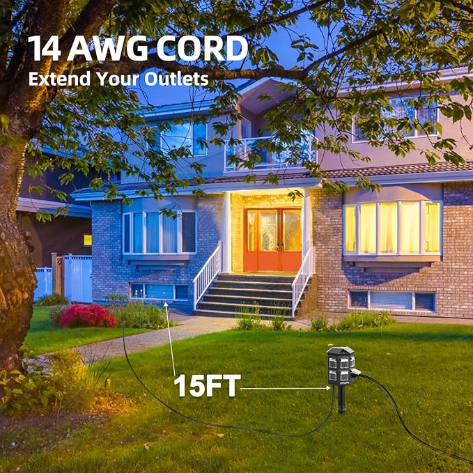 Outdoor Remote Control Power Strip, 25FT Extension Cord Waterproof, Independent Control Outlets, 6 Grounded Outlets for Outdoor Decorations, 14 AWG, 15A/1875W, ETL Listed (15 FT)