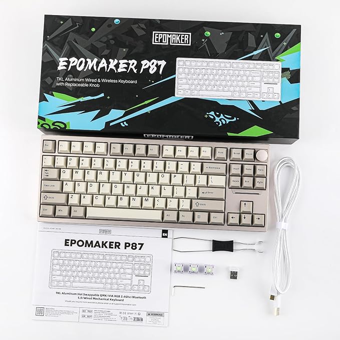EPOMAKER P87 TKL Aluminum Wireless Gaming Keyboard, QMK/VIA Programmable, 87% Bluetooth/2.4Ghz/USB-C, with CNC Metal Knob and RGB Backlight (Khaki, Zebra Switch)