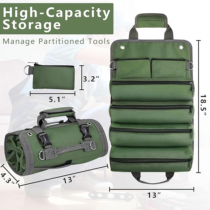 Roll Up Tool Bag Organizer, Tool Bags for Men, Tool Roll Bag with 2 Detachable Zipper Pouches, Heavy Duty Tool Bag for Dad Birthday, Father’s Day Gifts, Handyman or RV Owners (Green)