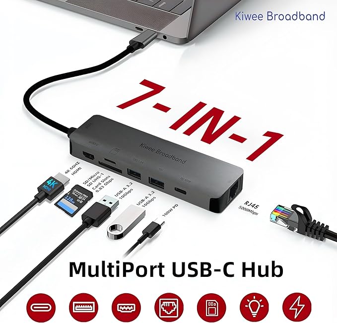 Kiwee Broadband 7-in-1 USB-C Hub with 5Gbps Ethernet, 100W PD Charging, 4K HDMI, 2 USB-A 3.2 Ports, SD/MicroSD Card Reader, Universal Dock for MacBook, Windows Laptop, iPad, Chromebook (KB-USBC-5GH7)