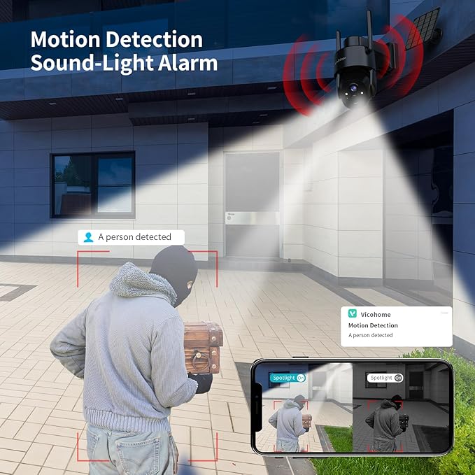 2Pack 2K HD Solar Security Cameras Wireless Outdoor, 360° PTZ View Outdoor Cameras for Home Security,Color Night Vision with Spotlight, 2-Way Audio,Motion Alarm, IP65 Waterproof