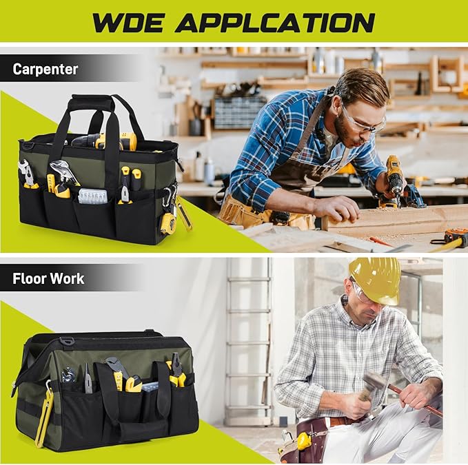 Tool Bag 16-Inch, 15 Pockets Heavy Duty Empty Tool Storage Organization, Soft Handle Carrying Toolbag,Toolbox Organization Tool Bags for Men,Army Green & Black