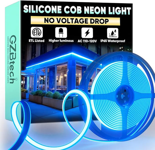 GZBtech Silicone COB Neon Rope Lights 16.4FT/5M, Super Bright Blue Waterproof Neon Strip Light, AC 110-120V Flexible Soft Cuttable Tape Rope Lighting for Indoor Outdoor Home Commercial