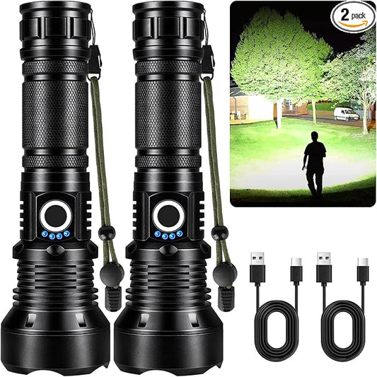 KINGCAESAR Flashlights High Lumens Rechargeable, 2 Pack 90,000 Lumens Super Bright Flashlight, 5 Modes LED Flashlight, IPX7 Waterproof Powerful Flash Light for Home, Outdoor Activities