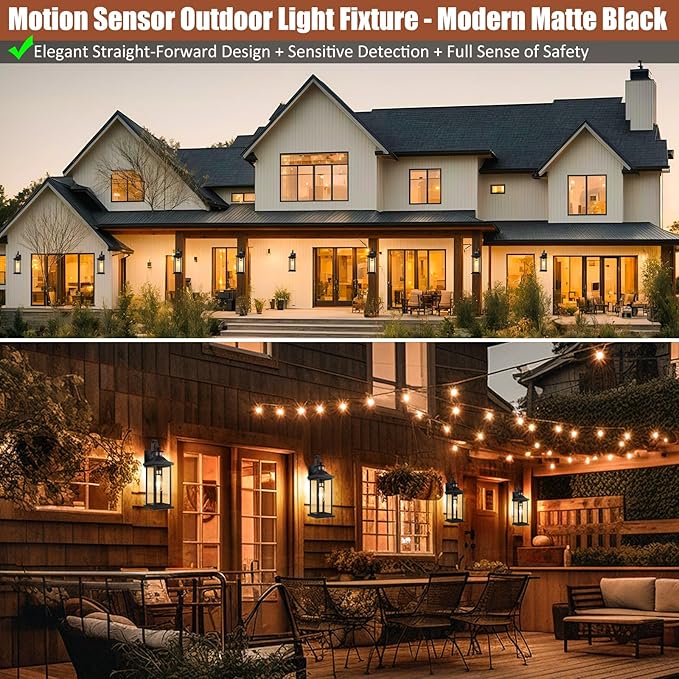 18 Inch Motion Sensor Outdoor Lights 2-Pack, Large Black Dusk to Dawn Outdoor Porch Lights for House IP65 Waterproof Exterior Lighting Fixtures for Front Door Garage Lantern Sconces