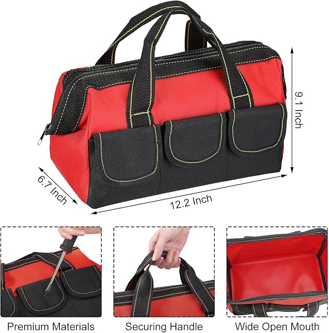 Sanwuta 3 Pack Tool Bag for Men with Waterproof Hard Bottom, Heavy Duty Tool Bag Wide Mouth Tote for Various Instrument, Electrician Carpenter Mechanic(13 Inch,Red)