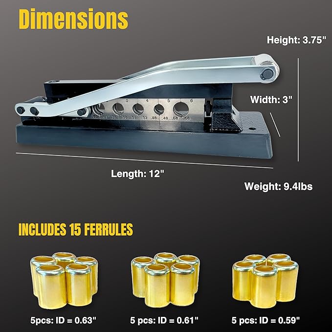Heavy Duty Ferrule Crimping Tool Air Hose Repair Kit for 3/8, 5/16, 1/4 inch ID Hoses, Crimper w/ 5 Hardened Steel Dies & 15 Ferrules Fittings, Torch & Compressor Crimpers
