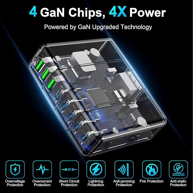 USB C Charger Block, 525W 8-Port GaN Fast Charging Station Hub with 100W Cable, Dual PD 100W Multi-Device USB C Wall Charger Adapter for iPhone 16 15, MacBook, Laptop, iPad, Samsung Galaxy and More