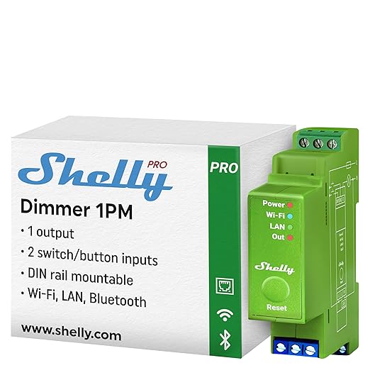 Shelly Pro Dimmer 1PM | Wi-Fi & LAN 1-Channel Smart Dimmer with Power Metering | Home Automation | Bluetooth Gateway | DIN Rail | Compatible with Alexa & Google Home | Dimmable Lights
