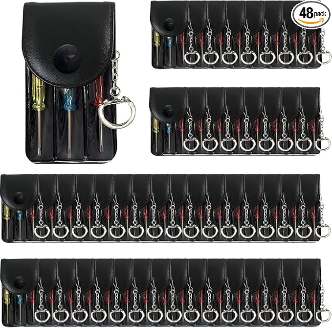 Bulk Pack Mini Screwdriver Keychain Set – 48 Sets of Handy 3-Piece Screwdrivers in a Snap-Closure Pouch with Hook, Perfect for Men, Tool Party Favors, Christmas Gifts, and Birthday Presents