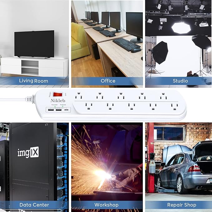 Long Power Strip, Multi Plug Outlet Extender Nikleb with 10 Outlets, Heavy Duty Extension Cord with 2 USB+1 Type C Ports, USB Plug Adapter Surge Protector for House, Garage, Patio, Basement