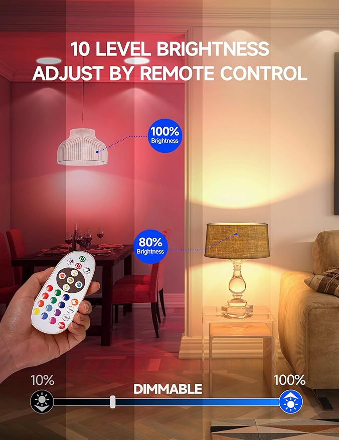 BR30 Color Changing Light Bulb, LED Flood Lights 12W, 100W Equivalent, RGB+2700K+4000K+6500K, Remote Control, 1050LM, Dimmable E26 Base, Multi-Color Can Light Bulbs for Ceiling, 4 Pack