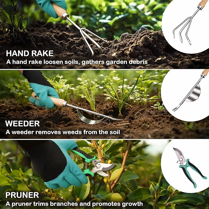 Bluemars Gardening Hand Tool Kit 14PCS Heavy Duty Stainless Steel Garden Tool Set with Floral Garden Tote -Outdoor Gardening Transplanting Gifts for Woman