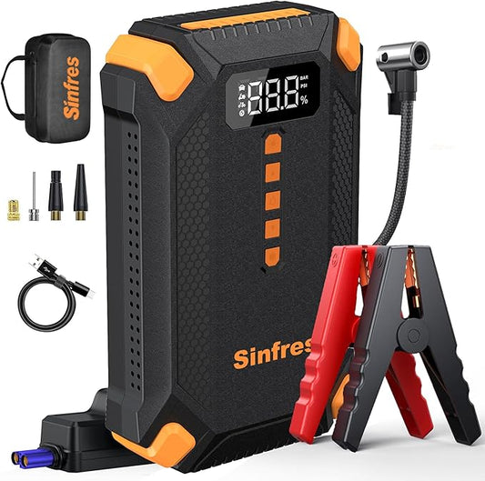 Jump Starter with Air Compressor,Battery Jumper Starter Portable, 150PSI Tire Inflator, 12V Jump Box, LED Flashlight, LCD Display for 9L Gas & 8L Diesel Engines, Car, SUV, Truck