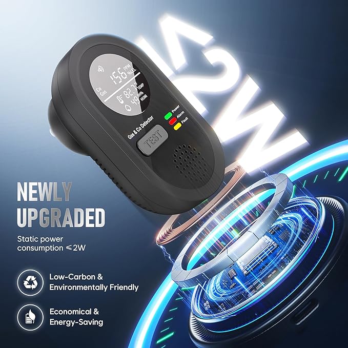 8-in-1 Natural Gas Leak Detector & Carbon Monoxide Detectors - Monitor CO, Natural Gas, Temperature & Humidity HD Screen with Gas & CO Monitor Alarm Sound Warning for Home, RV, Apartment Safety (2)