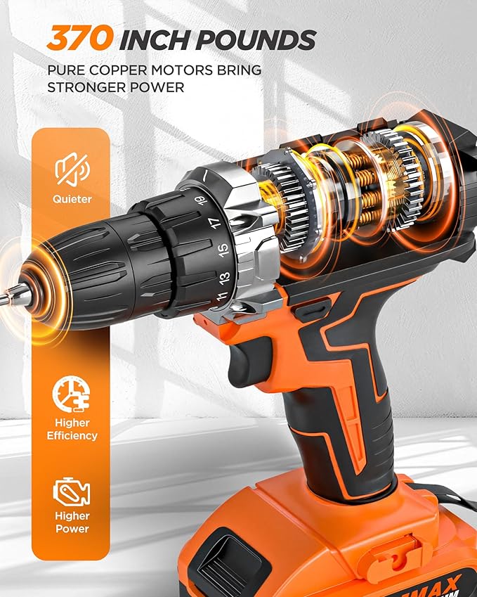 Drill, 21V Cordless Drill with Dual 2.0Ah Power Pack and Charger, Electric Power Drills Set, 3/8 Inch Chuck, 25+1 Torque, 2 Speed 29 Accessories Tool for DIY, Gifts