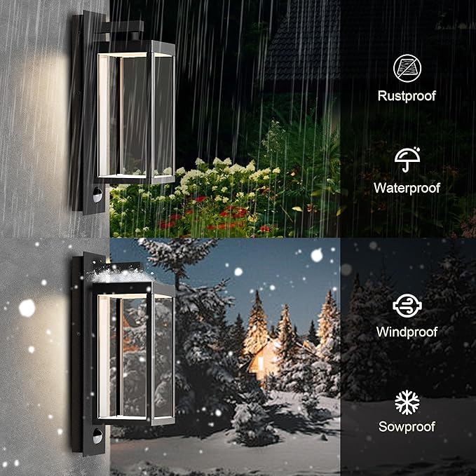 Motion Sensor Outdoor Wall Light LED Wall Sconce Black Mount Waterproof Exterior Light Fixture Aluminum Porch Lamps for Patio Entryway Doorway Fence Garage, 750LM 3000K