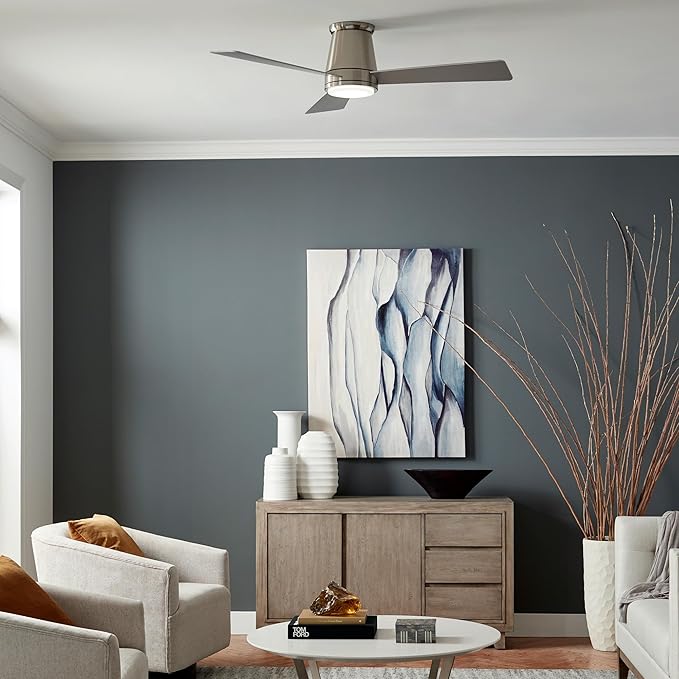 WAC Smart Fans Hug Indoor and Outdoor 3-Blade Flush Mount Smart Home Ceiling Fan 52in Matte Black with 3000K LED Light Kit and Remote Control works with Alexa and iOS or Android App