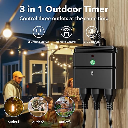 BN-LINK Outdoor Indoor Wireless Remote Control 3-Prong Outlet Weather Proof Heavy Duty 15 AMP Compact (Black) 3 Grounded Outlets with Remote 6-inch Cord 100ft Range ETL Listed