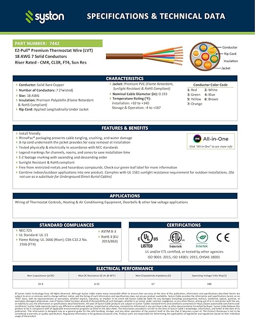 Syston 18/7 Thermostat Doorbell HVAC Heating Control Cable Wire, 100% Solid Copper Conductors CL3R/FT4/CMR Riser-Rated UL/ETL Listed, UV Resistant RoHS for Indoor/Outdoor Low Voltage Applications Use