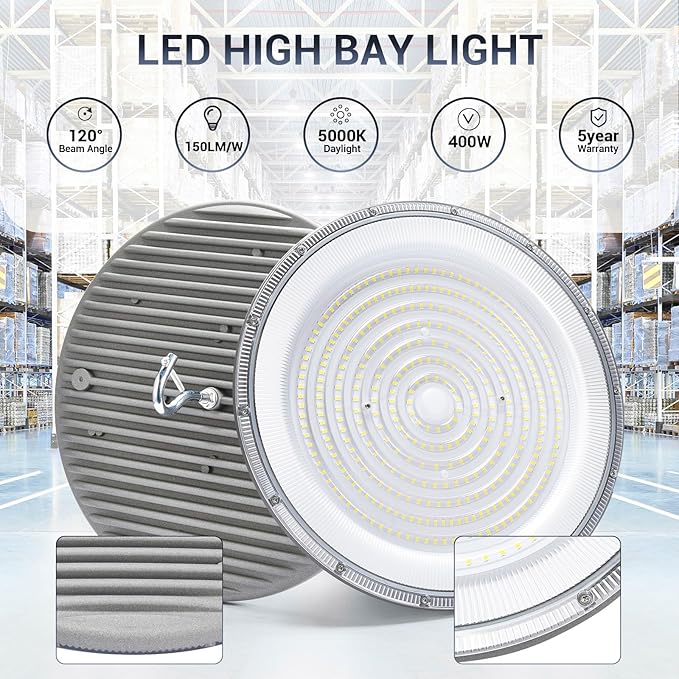 6 Pack 400W UFO Led High Bay Light,120VAC,5000K Daylight Commercial Bay Lighting,IP66 Waterproof,61050LM,1750W MH/HPS with Plug Area Lighting for Warehouse/Shop/Workshop/Barn/Gym/Factory