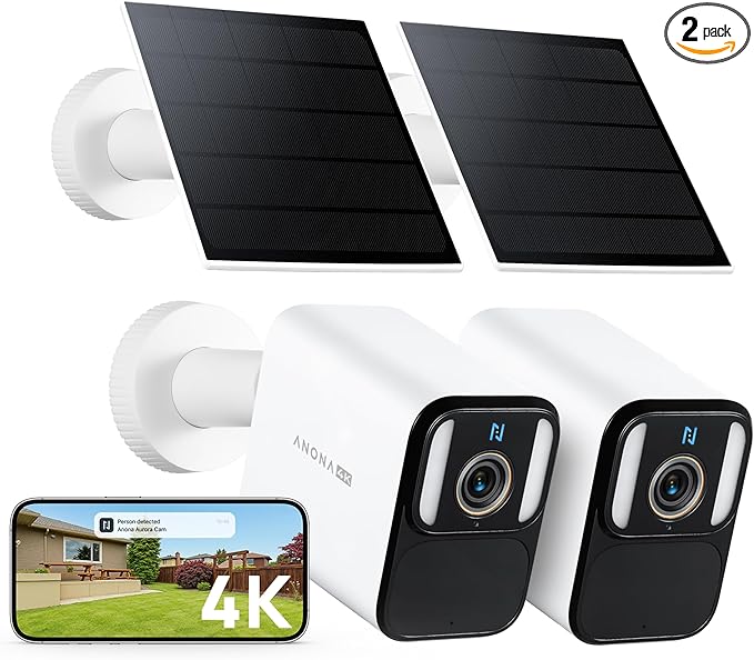 Anona Aurora 4K Solar Security Cameras Wireless Outdoor, Forever Power with Solar Panel, 8MP Color Night Vision, 24/7 AOV Recording, No Monthly Fees, AI Detection, Easy Setup, 2.4 G WiFi, IP67, 2 Pack